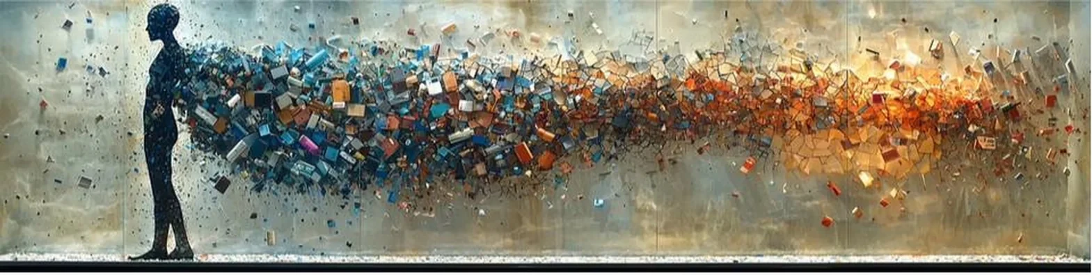 Abstract art: a human figure composed of geometric fragments transitioning from cool blues to warm ambers — systems thinking made visual