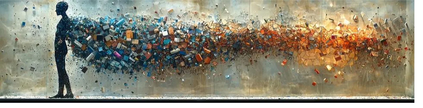 Abstract art: a human figure composed of geometric fragments transitioning from cool blues to warm ambers — systems thinking made visual